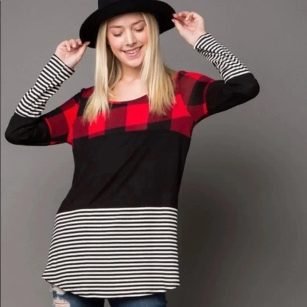 NWT lovely J Boutique Buffalo Plaid stripe Color block tunic crochet lace women